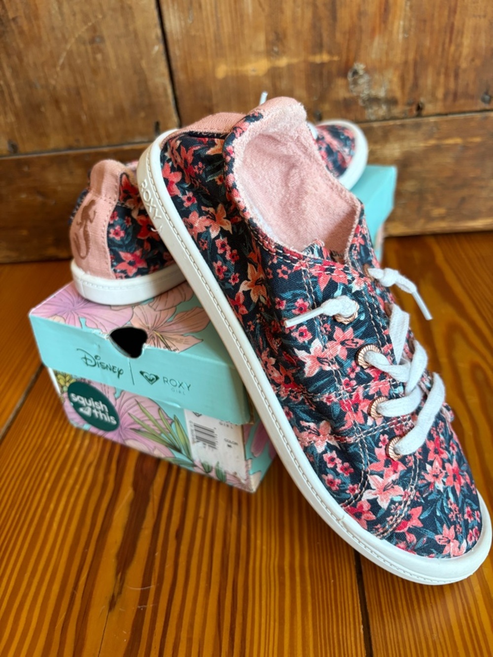 Roxy Kids Floral Slip-On Sneakers in Pink and Teal